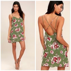 LULU’S ~ Souls Garden Olive Green Floral Print Shift Dress